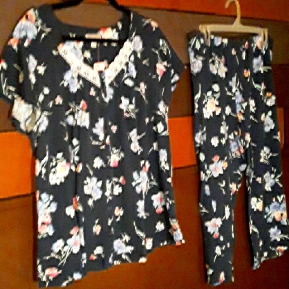 Secret Treasures Large 12/14 Short sleeve Top With Matching Capris Blue Floral